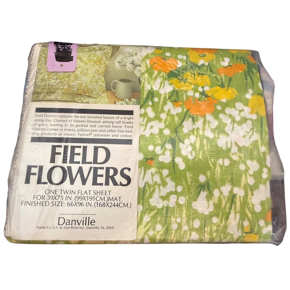Vintage Danville Twin Flat Sheet Field Flowers Cottagecore Retro Floral Green